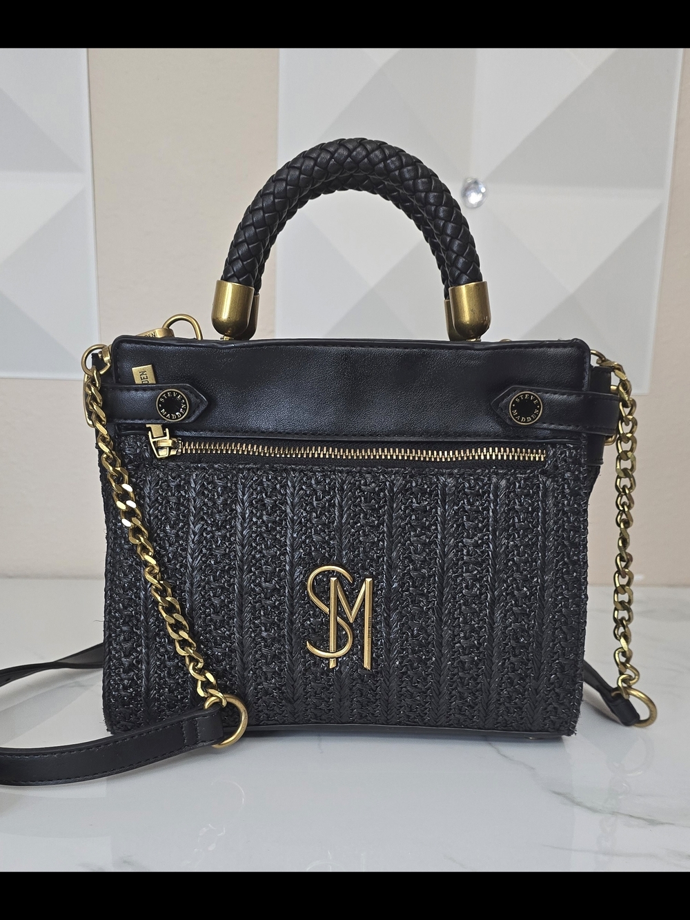 Steve Madden Black Woven Mini Satchel Crossbody Bag Gold Chain Braided Handle